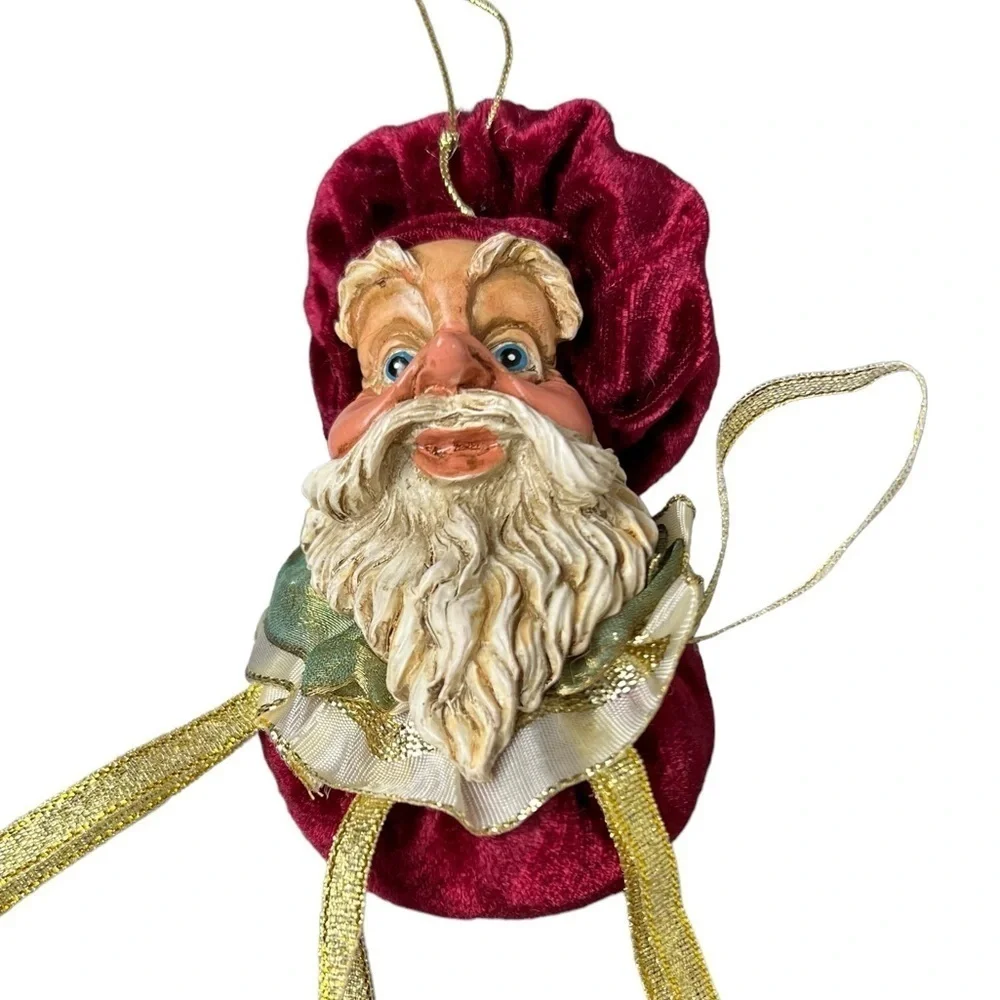 Santa Head Ornament Red Velvet Ceramic Jester? Baker? Big Eyes Gold Ribbon VTG